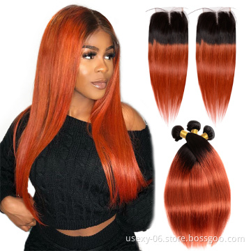 Pre-Colored Hair Bundles With Closure Straight Brazilian Hair Weave Two Tone 1B 350 Color Ombre Virgin Hair